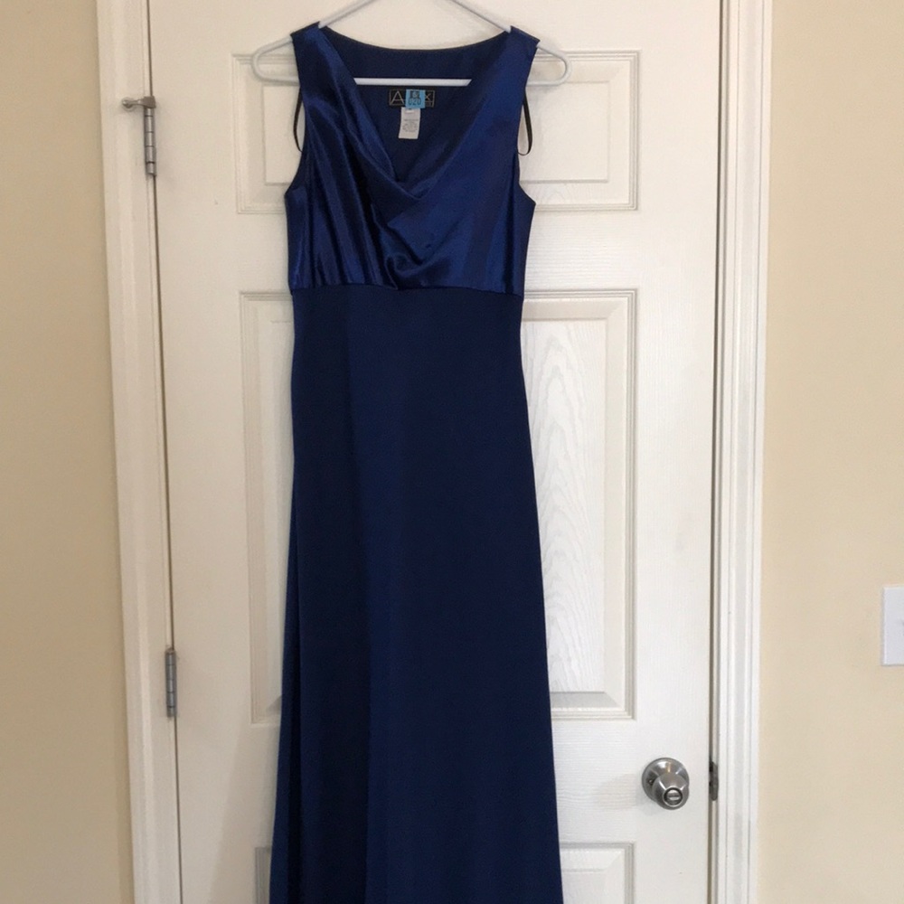Blue evening gown with a satin cowl neckline
